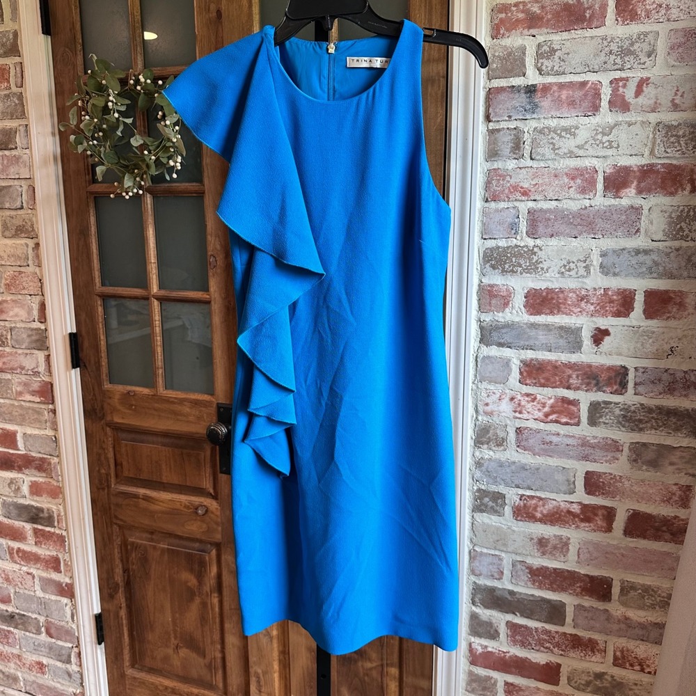 Trina Turk Sheath Dress Women 2 Blue Ruffle Cascade Sleeveless Cocktail READ